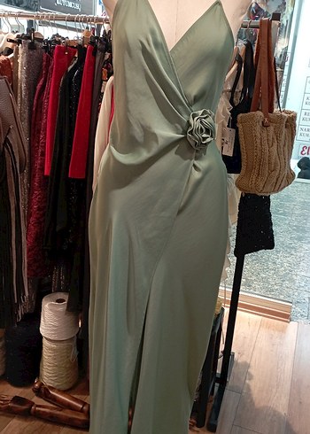 Yeşil Drapeli V Yaka Uzun Abiye Elbise - Görsel 2