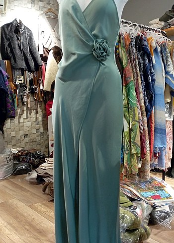 Yeşil Drapeli V Yaka Uzun Abiye Elbise - Görsel 4