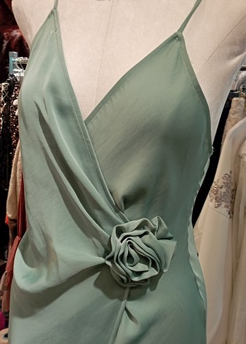 Yeşil Drapeli V Yaka Uzun Abiye Elbise - Ana görsel