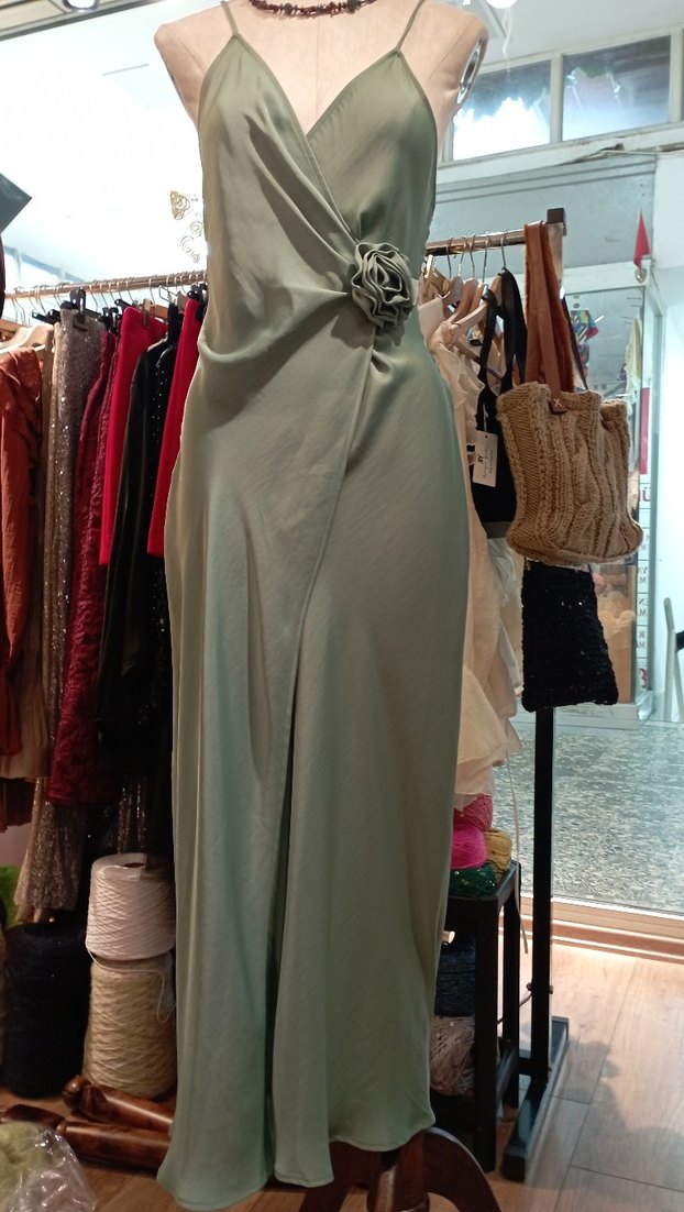 Yeşil Drapeli V Yaka Uzun Abiye Elbise - Görsel 3