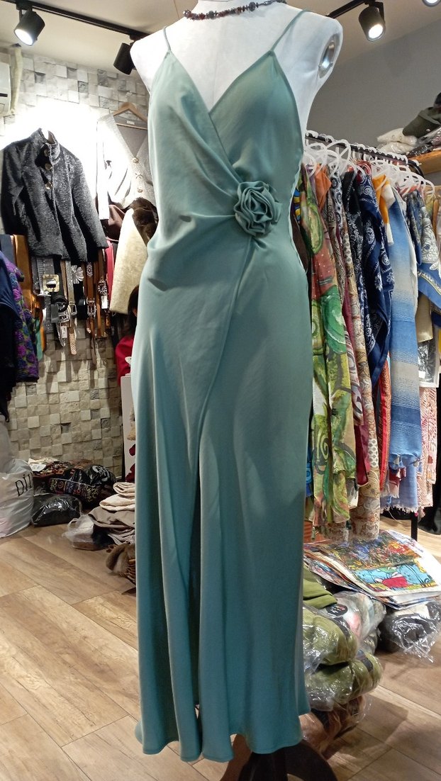 Yeşil Drapeli V Yaka Uzun Abiye Elbise - Görsel 4