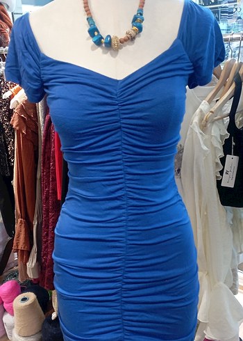 Mavi Drapeli V Yaka Midi Elbise - Görsel 3