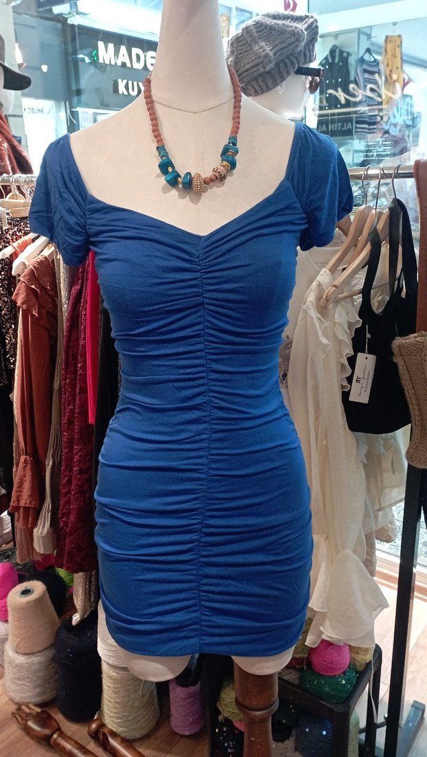 Mavi Drapeli V Yaka Midi Elbise - Görsel 2