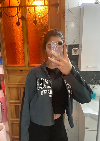 Sokak Stili Siyah Yüksek Yaka Denim Sweatshirt - Görsel 3