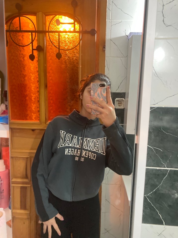 Sokak Stili Siyah Yüksek Yaka Denim Sweatshirt - Görsel 2