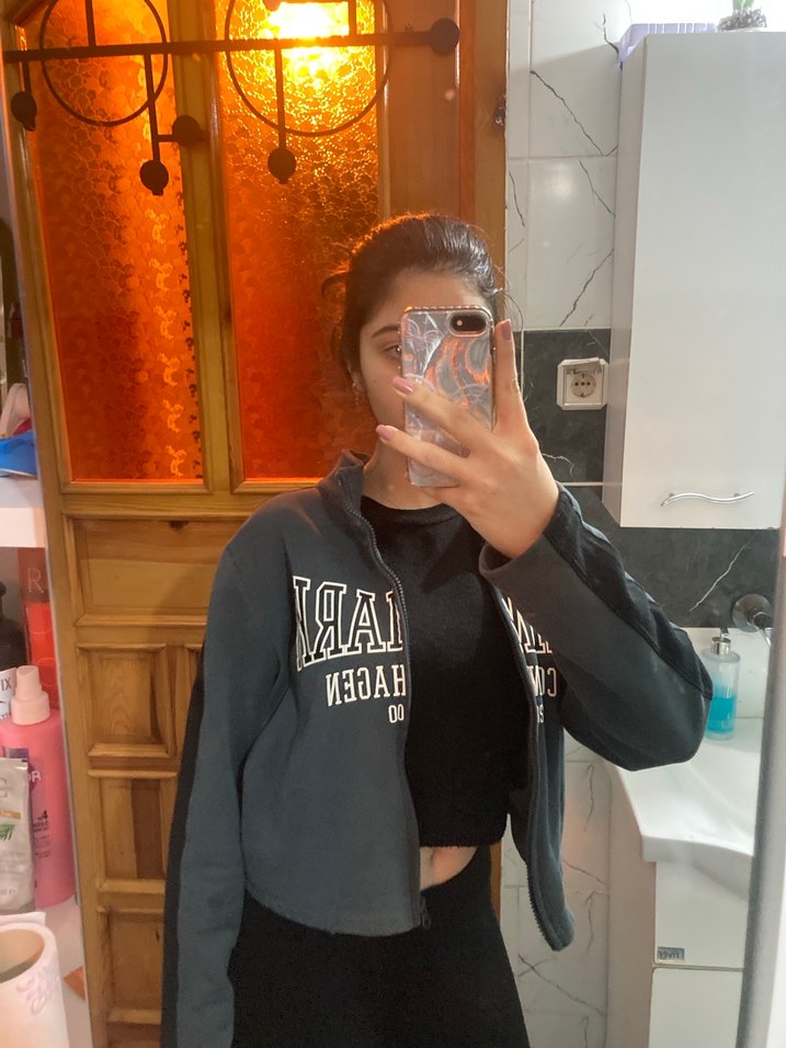 Sokak Stili Siyah Yüksek Yaka Denim Sweatshirt - Görsel 3