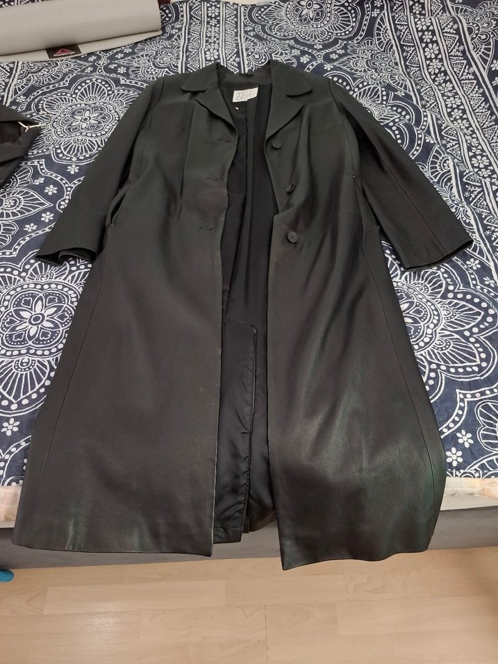 Düğmeli Siyah Erkek Uzun kesim kemerli Deri Ceket - Görsel 3