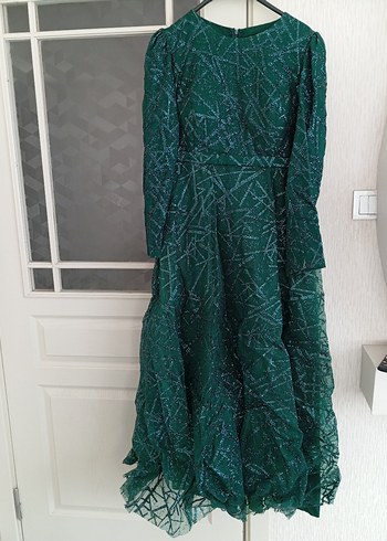 Uzun Yeşil Drapeli Kadın Elbise - Görsel 2