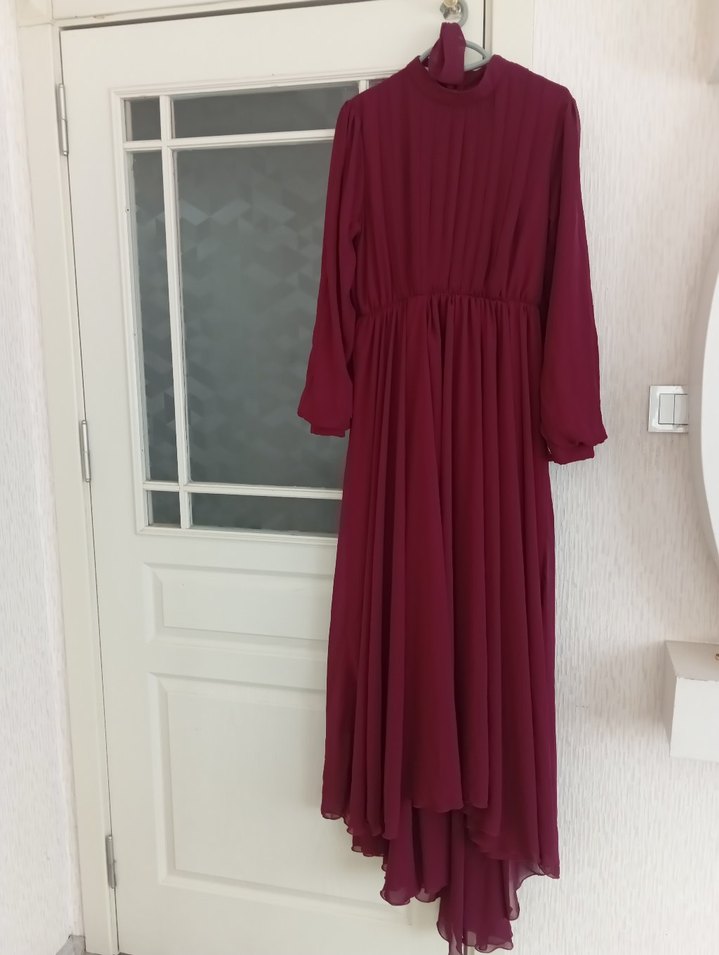 Bordo Uzun Kol Drapeli Kadın Elbise hıc gıyılmedı - Görsel 2