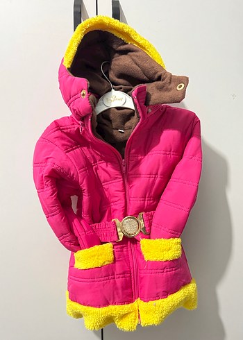 Kız Çocuk Pembe Kapüşonlu Kürklü Mont - Görsel 3
