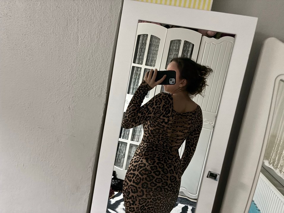 Leopar Desenli Uzun Kollu Mini Elbise - Görsel 2