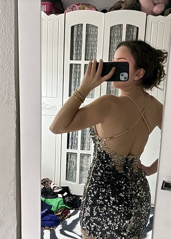 Payetli Zebra Desenli Mini Elbise - Görsel 2