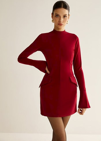 Bordo Kadın Uzun Kollu Cep görünümü Mini Kumaş Elbise - Görsel 3