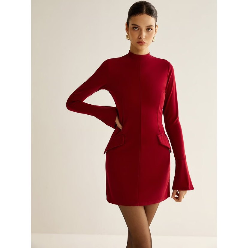 Bordo Kadın Uzun Kollu Cep görünümü Mini Kumaş Elbise - Görsel 3