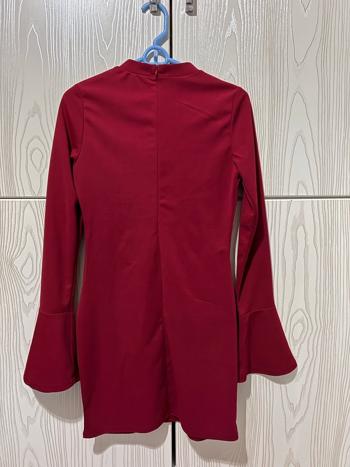 Bordo Kadın Uzun Kollu Cep görünümü Mini Kumaş Elbise - Görsel 2