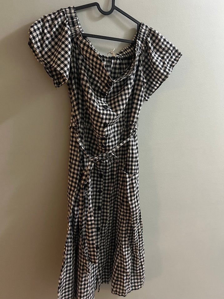 Düğmeli Ekose Midi Elbise - Görsel 4