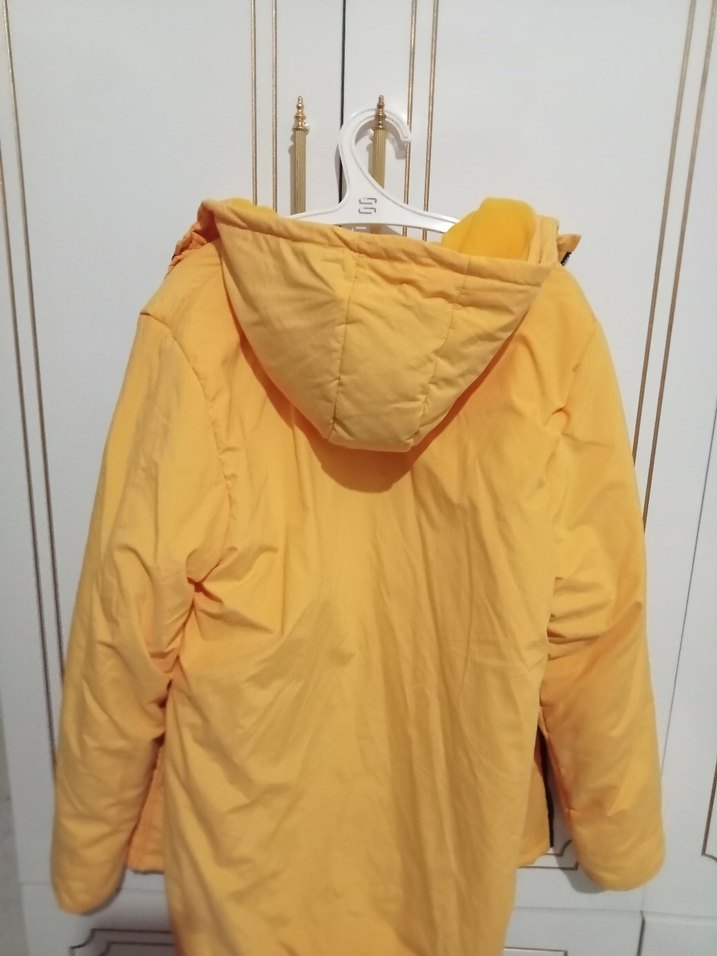 Sarı Kapüşonlu Fermuarlı Midi Ceket pamuklu - Görsel 2