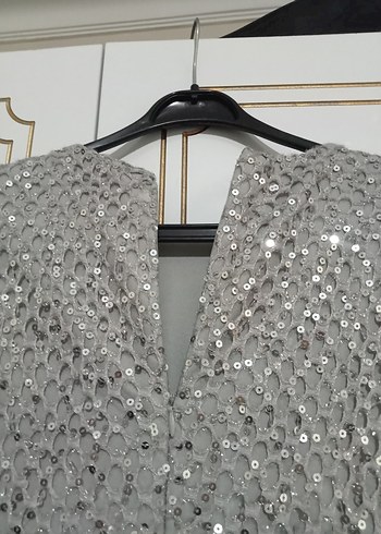 Uzun Kollu Gri Nakışlı Abiye Elbise - Görsel 2