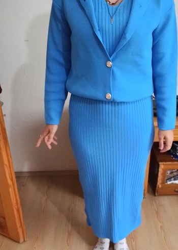 Mavi Uzun Triko Kadın Elbise - Görsel 7