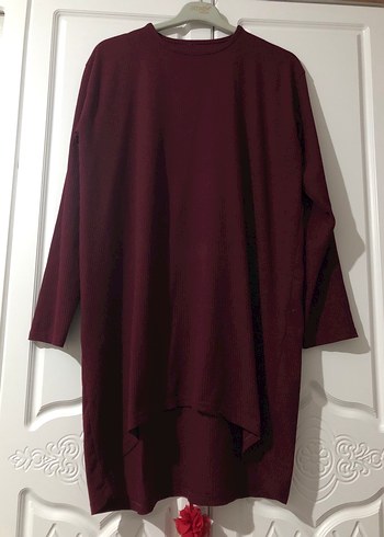 Bordo Uzun Kollu Salaş Midi Tunik - Görsel 2