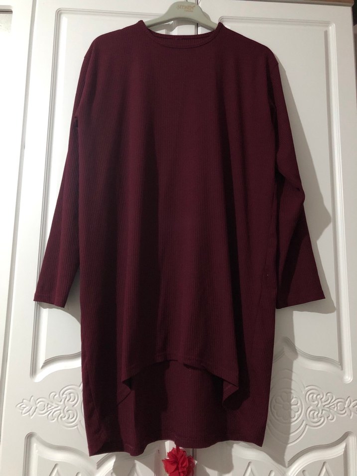 Bordo Uzun Kollu Salaş Midi Tunik - Görsel 2