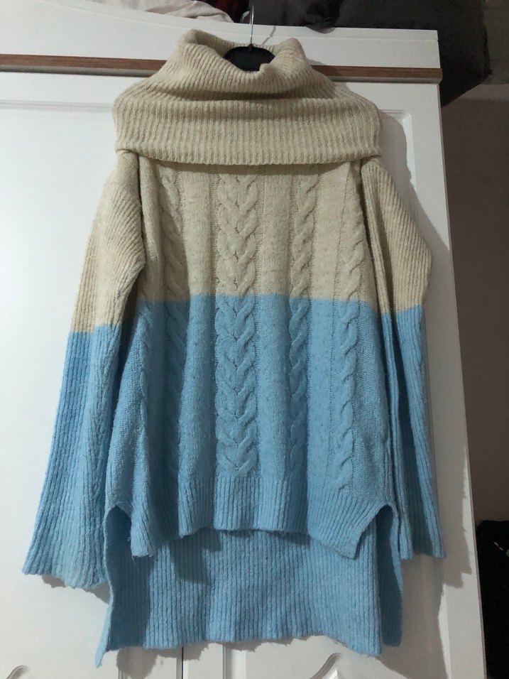 Bohem Mavi-Bej Örgü Boğazlı Kazak - Görsel 2