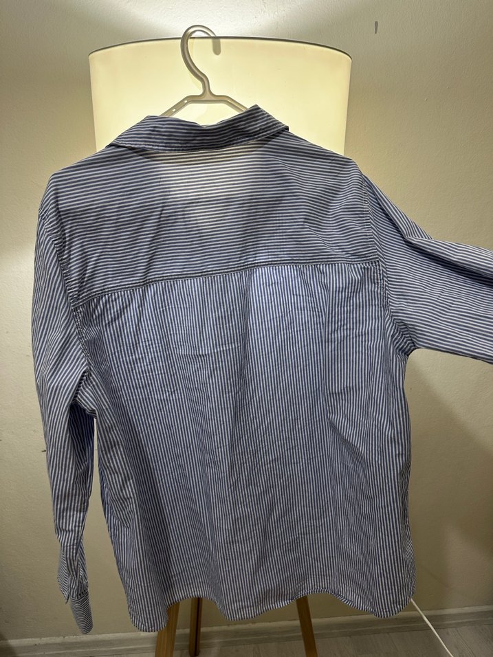 Mavi Çizgili Uzun Kollu Keten Gömlek - Görsel 4