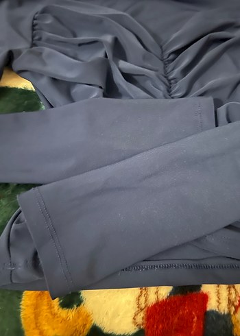 Drapeli V Yakalı Koyu Mavi Kadın Bluz - Görsel 2