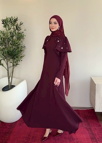 Kiralık şal dahil Bordo İşlemeli Uzun Kollu Abiye Elbise - Görsel 5