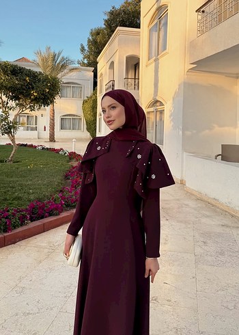 Kiralık şal dahil Bordo İşlemeli Uzun Kollu Abiye Elbise - Görsel 9