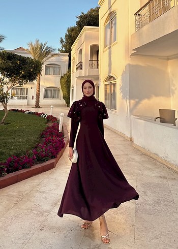 Kiralık şal dahil Bordo İşlemeli Uzun Kollu Abiye Elbise - Görsel 8