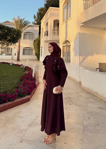 Kiralık şal dahil Bordo İşlemeli Uzun Kollu Abiye Elbise - Görsel 11