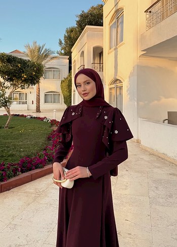 Kiralık şal dahil Bordo İşlemeli Uzun Kollu Abiye Elbise - Görsel 10