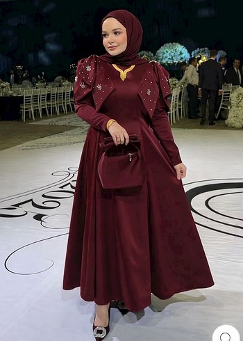 Kiralık şal dahil Bordo İşlemeli Uzun Kollu Abiye Elbise - Görsel 2