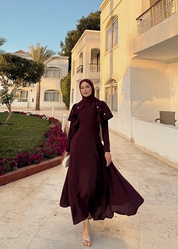 Kiralık şal dahil Bordo İşlemeli Uzun Kollu Abiye Elbise - Görsel 7