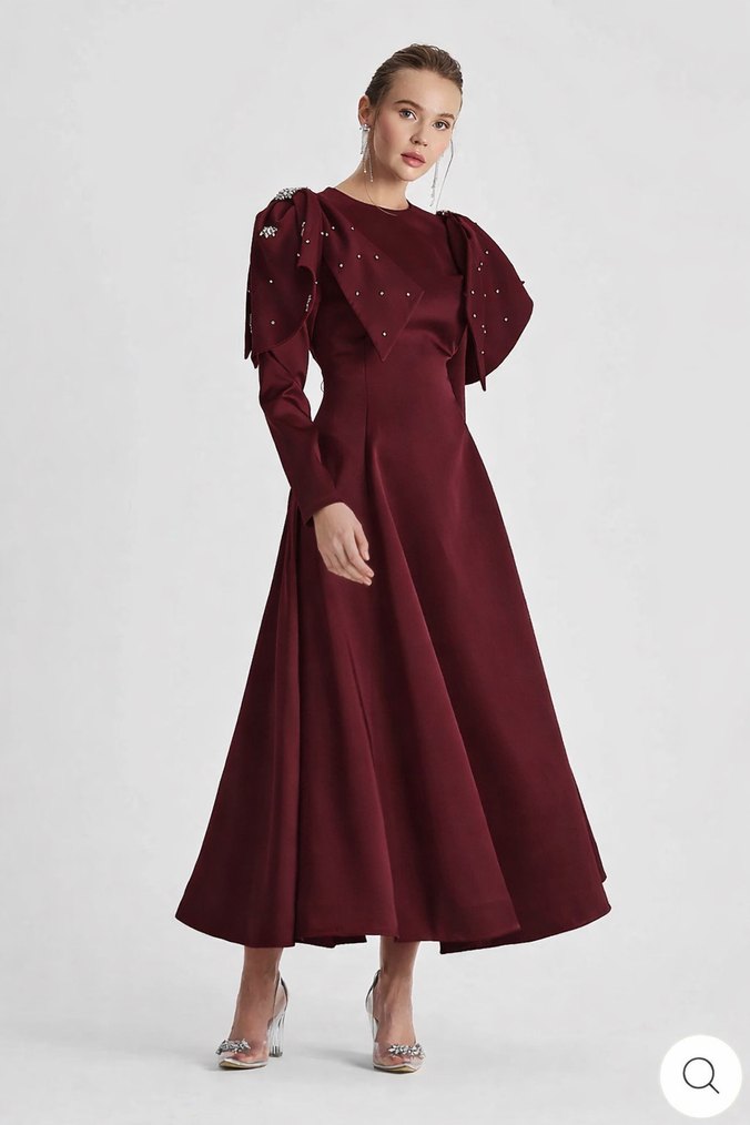 Kiralık şal dahil Bordo İşlemeli Uzun Kollu Abiye Elbise - Görsel 3