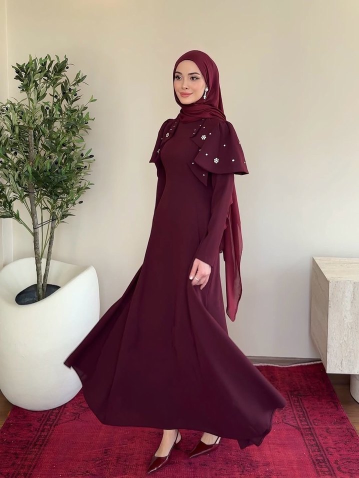 Kiralık şal dahil Bordo İşlemeli Uzun Kollu Abiye Elbise - Görsel 5