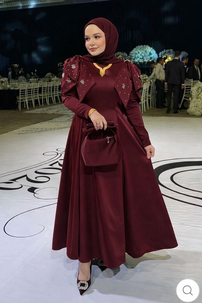 Kiralık şal dahil Bordo İşlemeli Uzun Kollu Abiye Elbise - Görsel 2