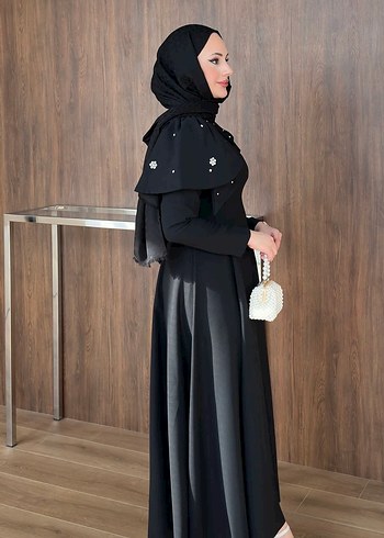 Kiralık şal dahil Uzun Siyah Gotik Abiye Elbise - Görsel 7