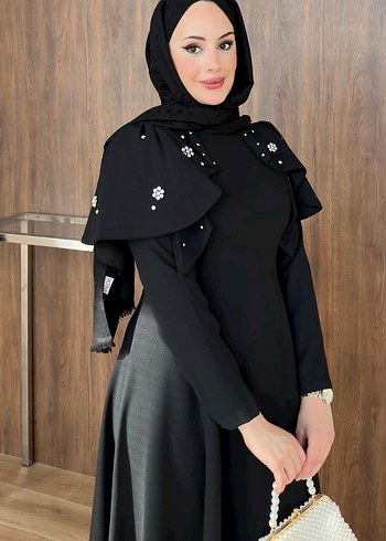 Kiralık şal dahil Uzun Siyah Gotik Abiye Elbise - Görsel 4