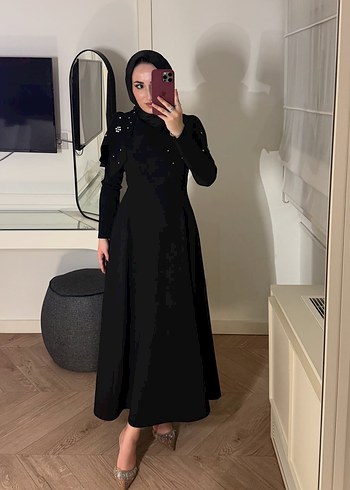 Kiralık şal dahil Uzun Siyah Gotik Abiye Elbise - Görsel 13