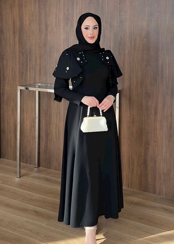 Kiralık şal dahil Uzun Siyah Gotik Abiye Elbise - Görsel 10