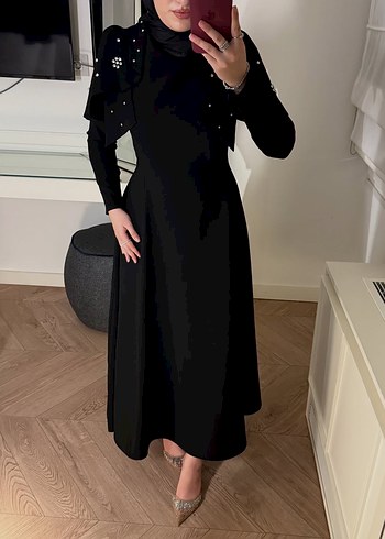 Kiralık şal dahil Uzun Siyah Gotik Abiye Elbise - Görsel 14