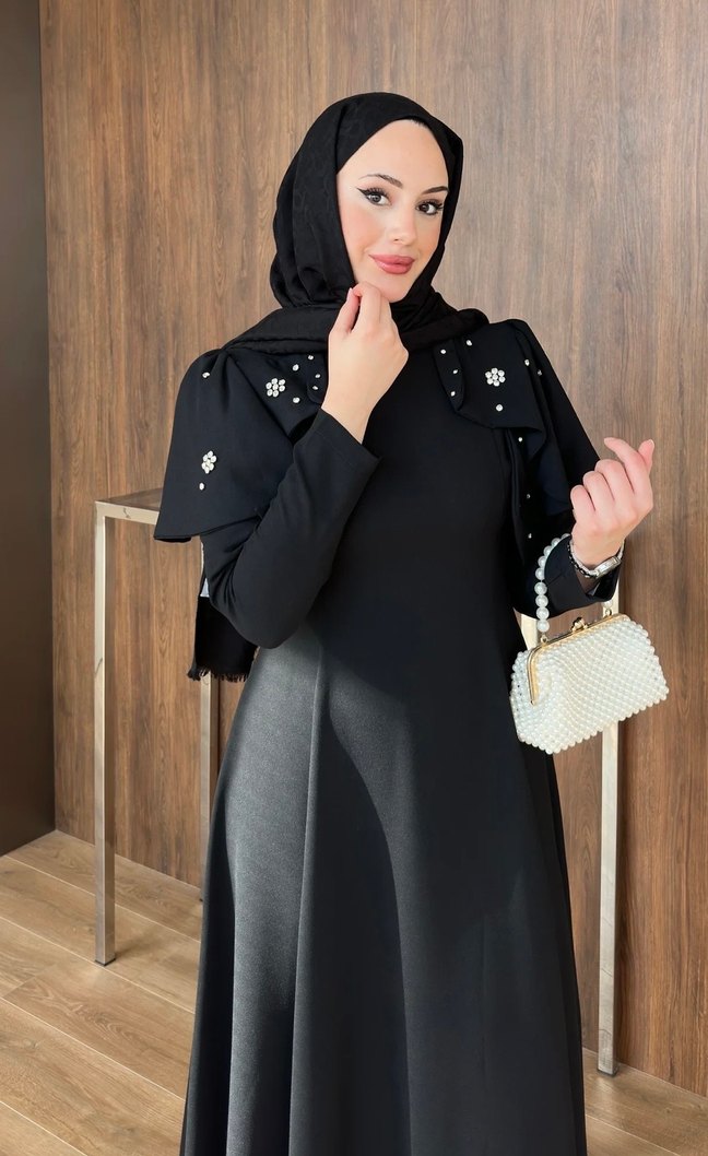 Kiralık şal dahil Uzun Siyah Gotik Abiye Elbise - Görsel 5