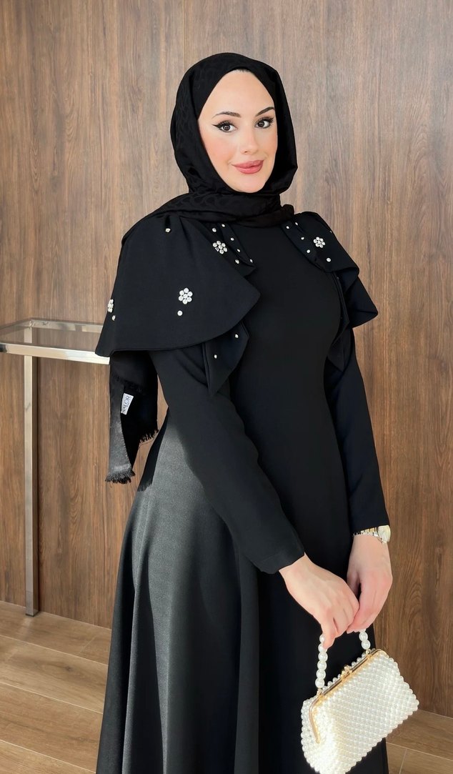 Kiralık şal dahil Uzun Siyah Gotik Abiye Elbise - Görsel 4