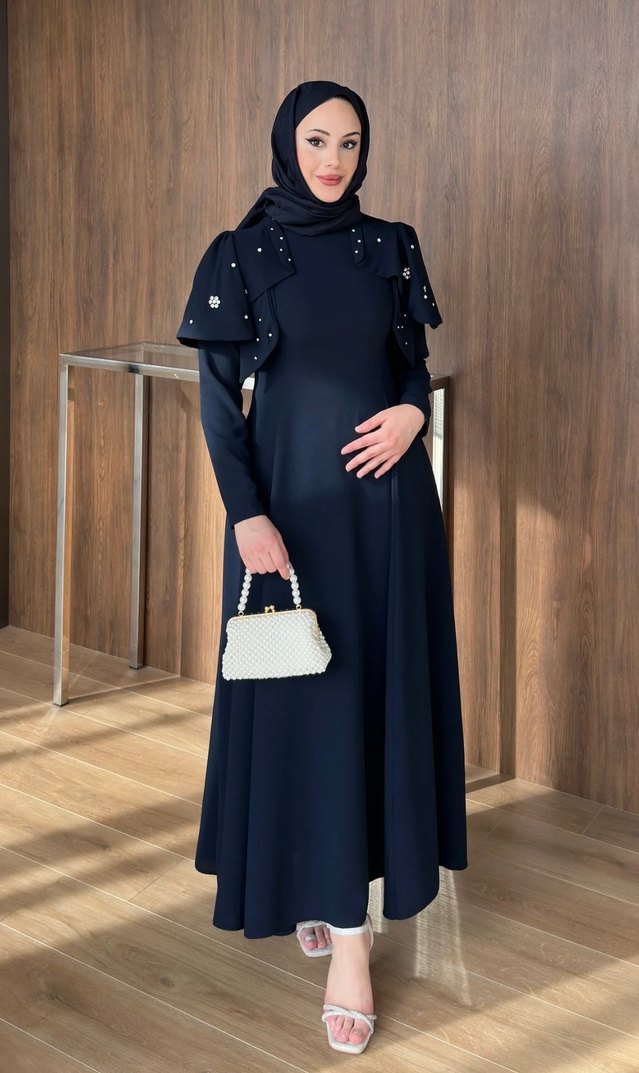 Kiralık şal dahil Siyah Uzun Kollu Gotik Ofis Elbisesi - Görsel 5