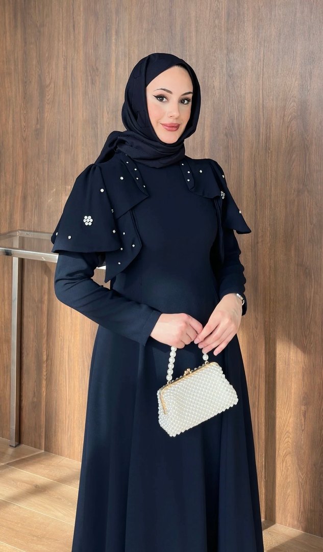 Kiralık şal dahil Siyah Uzun Kollu Gotik Ofis Elbisesi - Görsel 3