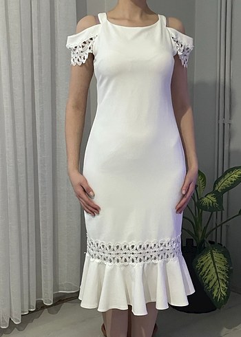 Dantel Detaylı Beyaz Midi Abiye Elbise - Görsel 4