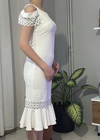 Dantel Detaylı Beyaz Midi Abiye Elbise - Görsel 6