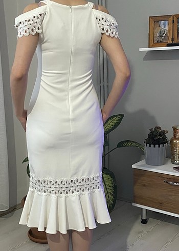 Dantel Detaylı Beyaz Midi Abiye Elbise - Görsel 5
